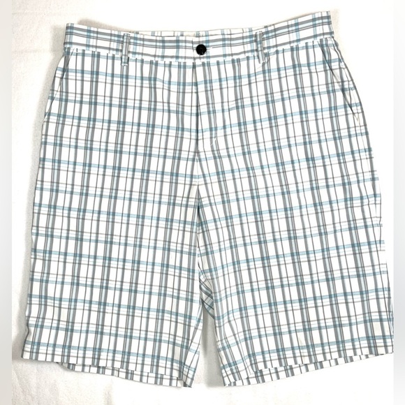 ADIDAS Men’s Flat Front Shorts Blue Gray Plaid Casual Size 35‎ Athleisure Golf - Picture 1 of 14